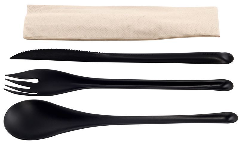 Pack CPLA Preto Colher + Garfo +  Faca +  Guardanapo - 50 Unidadades
