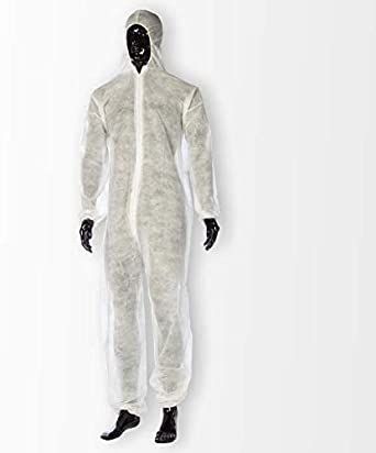 Fato-macaco de polipropileno branco com capuz e fecho de correr. Pack 10 Unidades