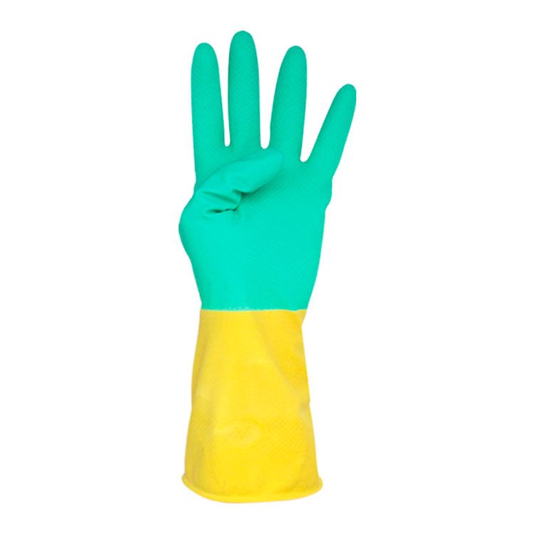 Luvas azuis e amarelas de L�tex e Neopreno reutiliz�veis.